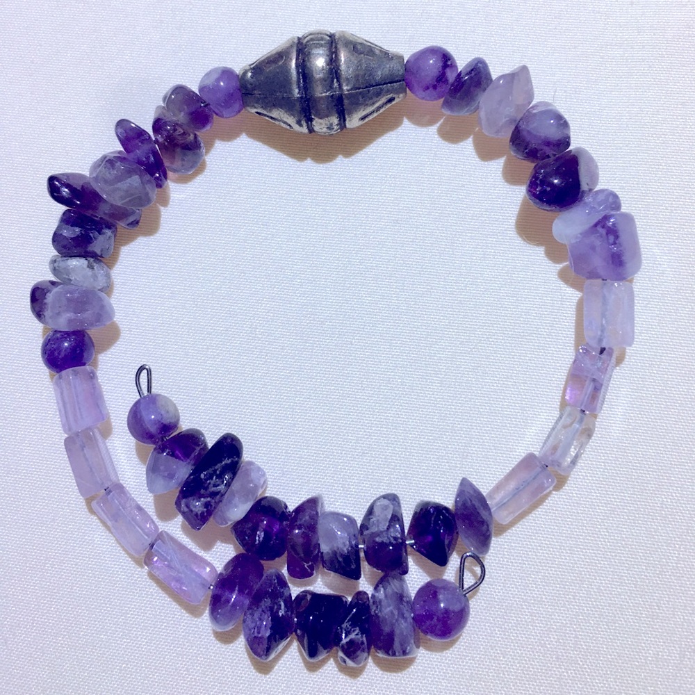 Vintage Purple Amethyst 3” Natural Multi Stone Wrap Bracelet SilverTone Bead/146